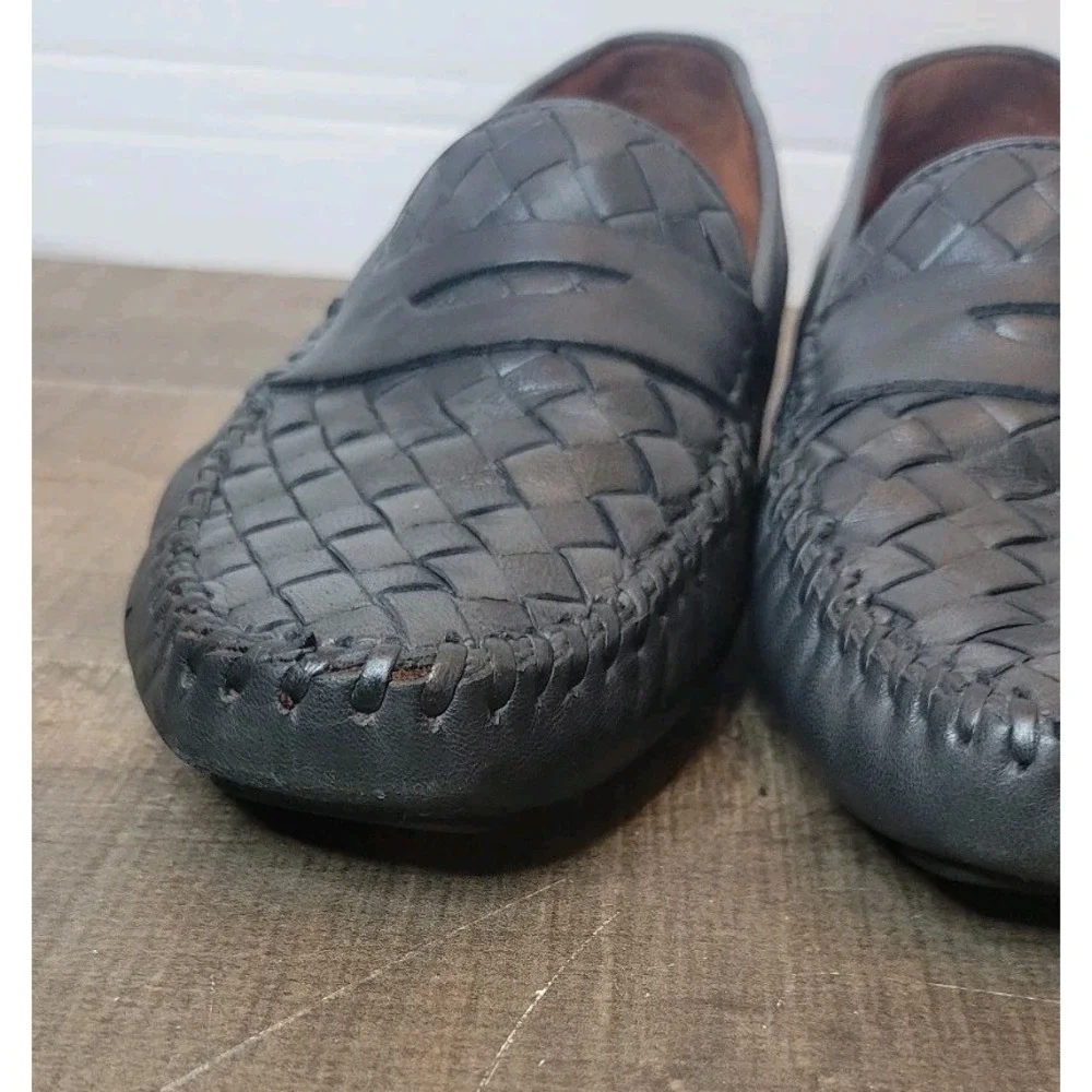 ROBERT ZUR MENS SHOES BLACK 7.5 Leather‎ Woven Loafers Slip On Driving Luxury